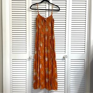Kimchi Blue Orange Floral Spaghetti Strap Midi Dress Smocked Top Boho Peasant L